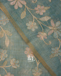Teal Floral Printed and Embroidered Semi Linen Saree