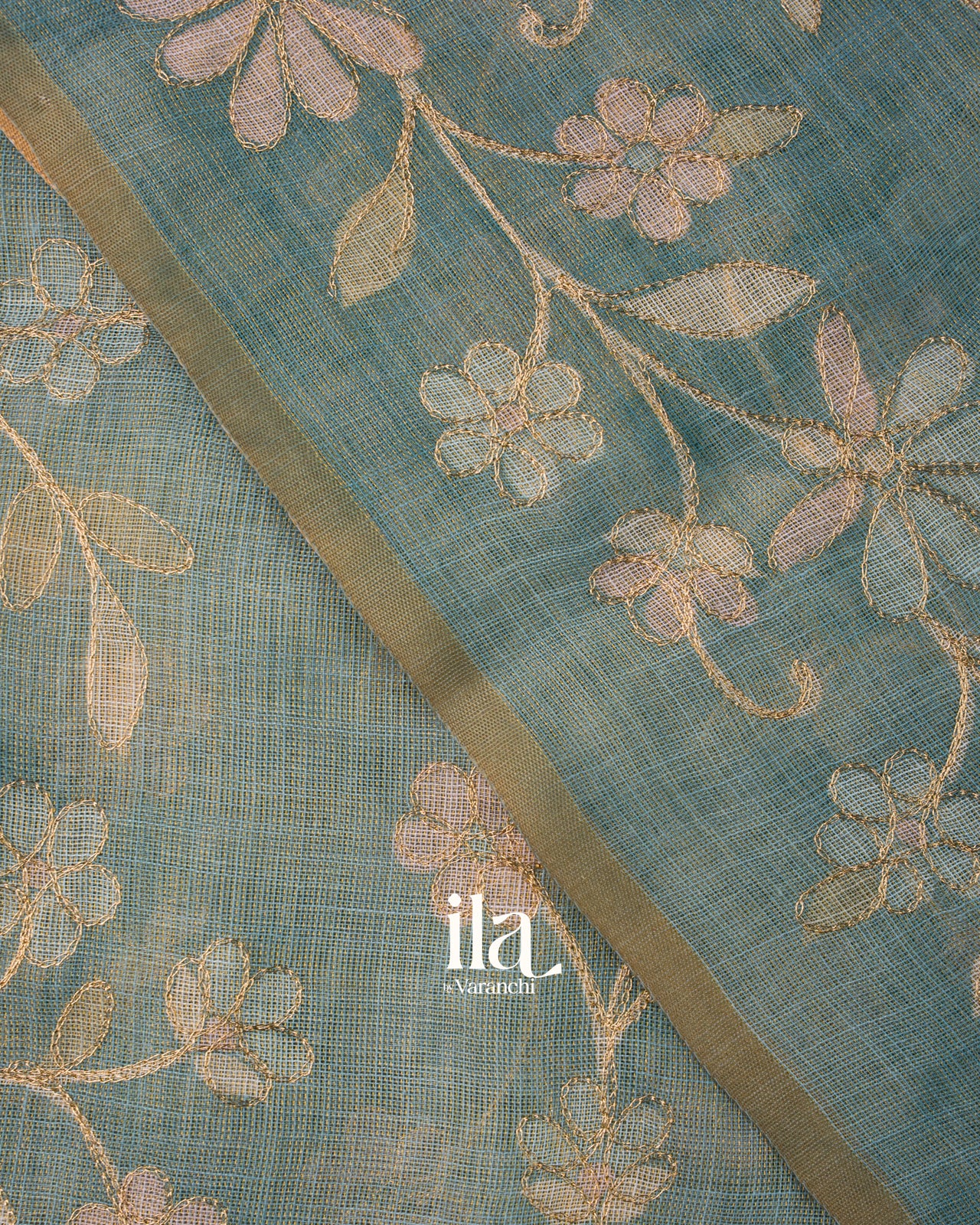 Teal Floral Printed and Embroidered Semi Linen Saree