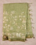 Sage Green Floral Printed and Embroidered Semi Linen Saree