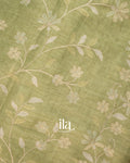 Sage Green Floral Printed and Embroidered Semi Linen Saree