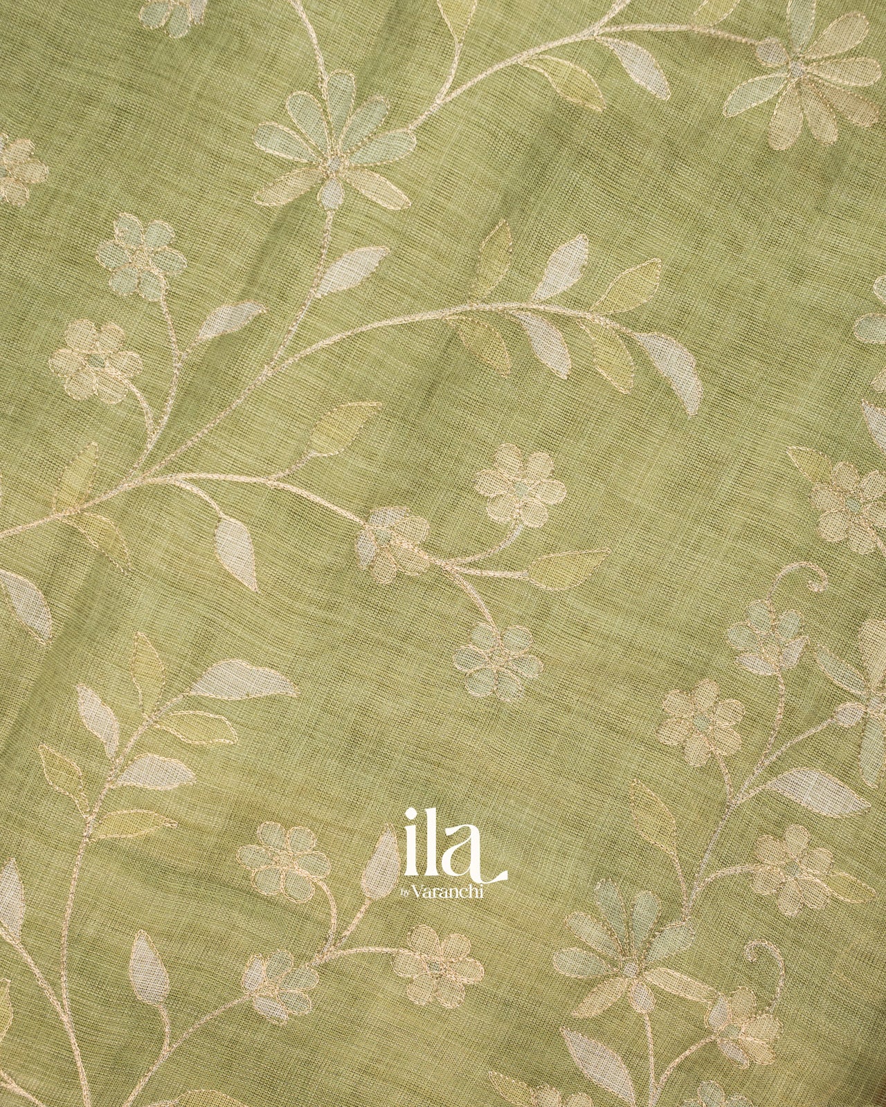 Sage Green Floral Printed and Embroidered Semi Linen Saree
