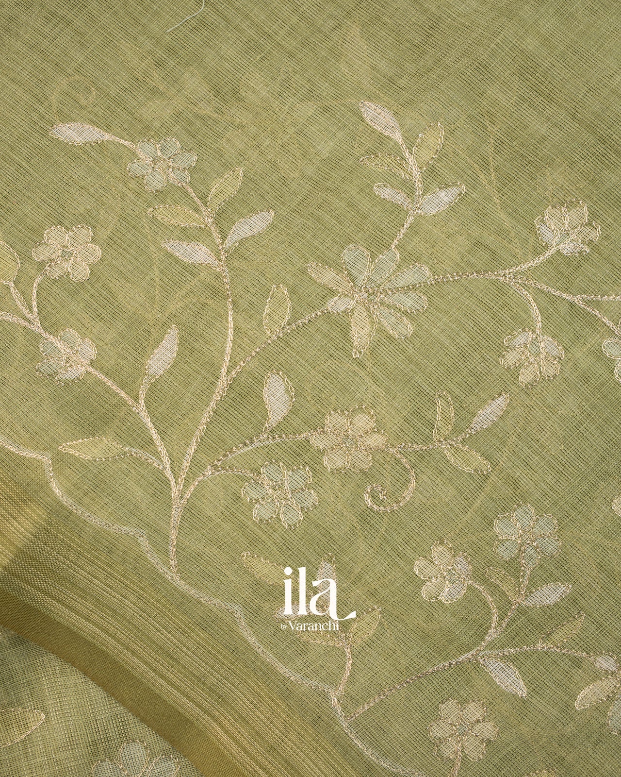 Sage Green Floral Printed and Embroidered Semi Linen Saree