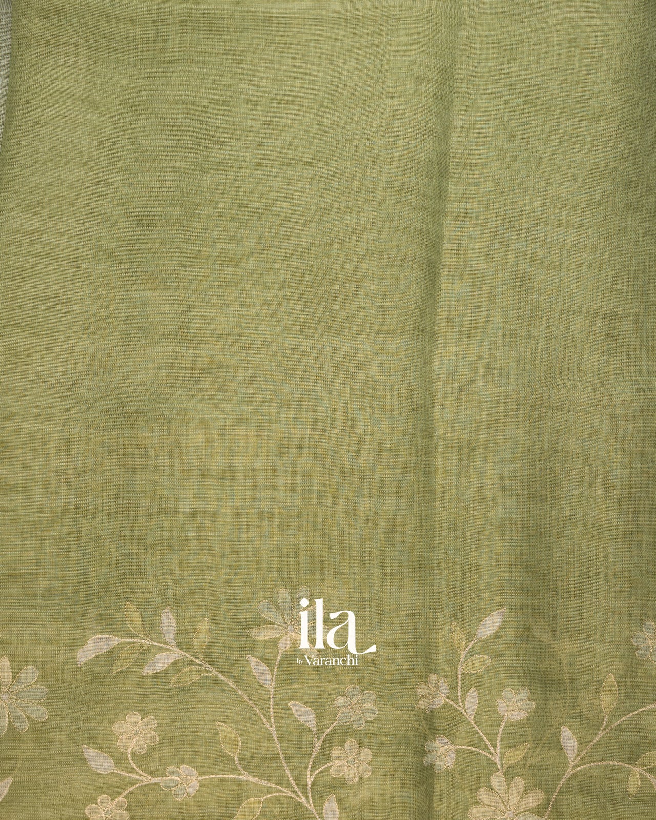 Sage Green Floral Printed and Embroidered Semi Linen Saree