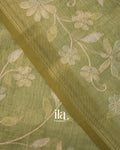 Sage Green Floral Printed and Embroidered Semi Linen Saree