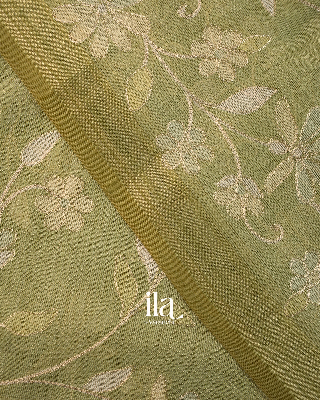 Sage Green Floral Printed and Embroidered Semi Linen Saree