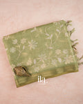 Sage Green Floral Printed and Embroidered Semi Linen Saree