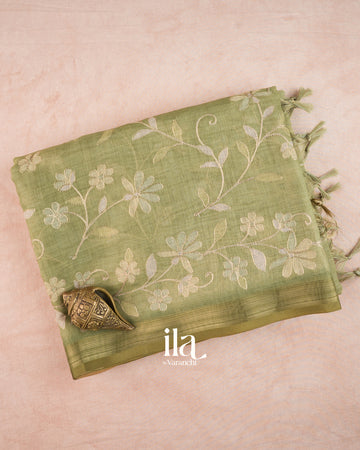 Sage Green Floral Printed and Embroidered Semi Linen Saree