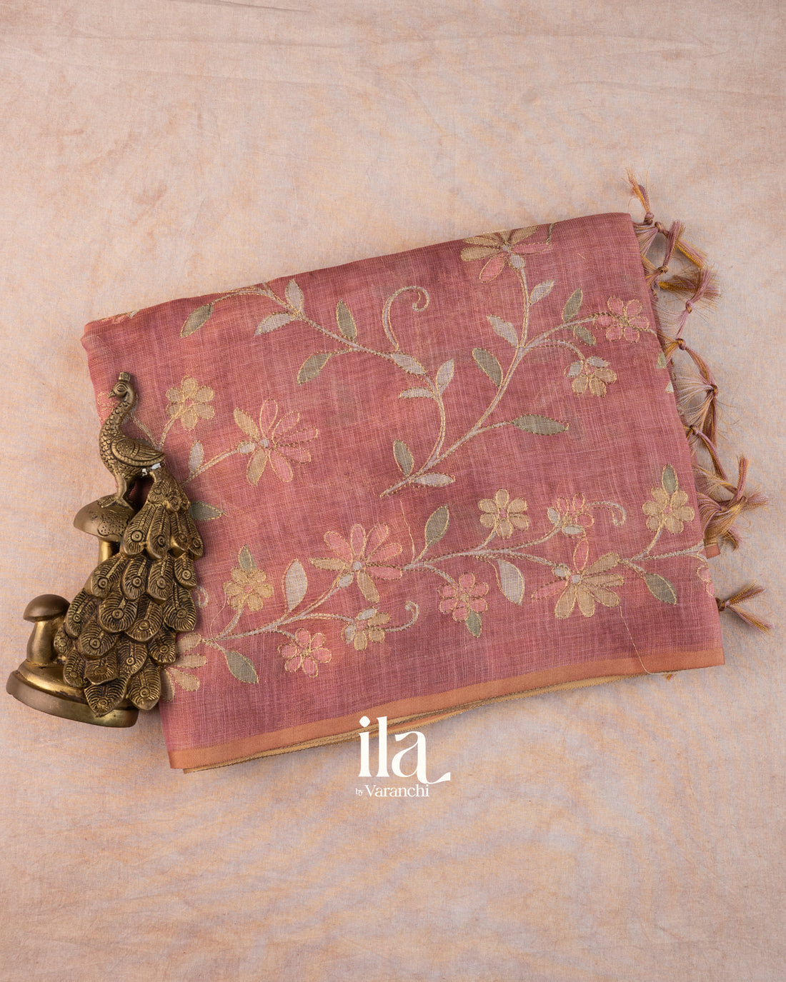 Rose Pink Floral Printed and Embroidered Semi Linen Saree