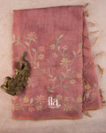 Rose Pink Floral Printed and Embroidered Semi Linen Saree