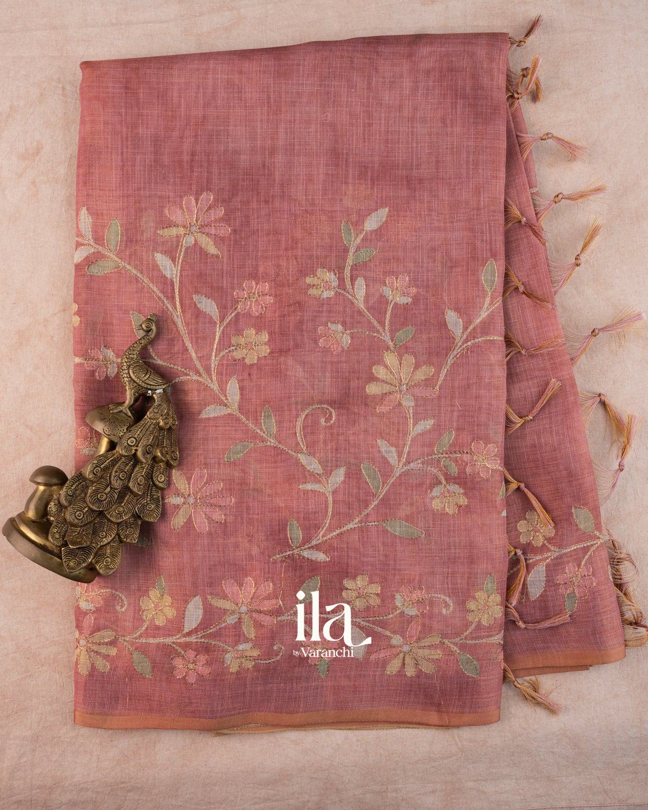 Rose Pink Floral Printed and Embroidered Semi Linen Saree