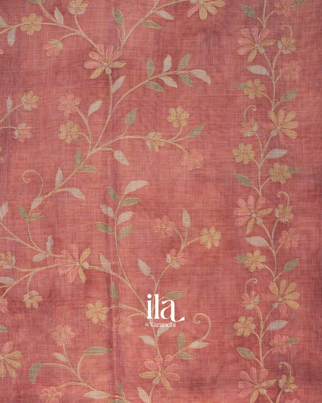 Rose Pink Floral Printed and Embroidered Semi Linen Saree