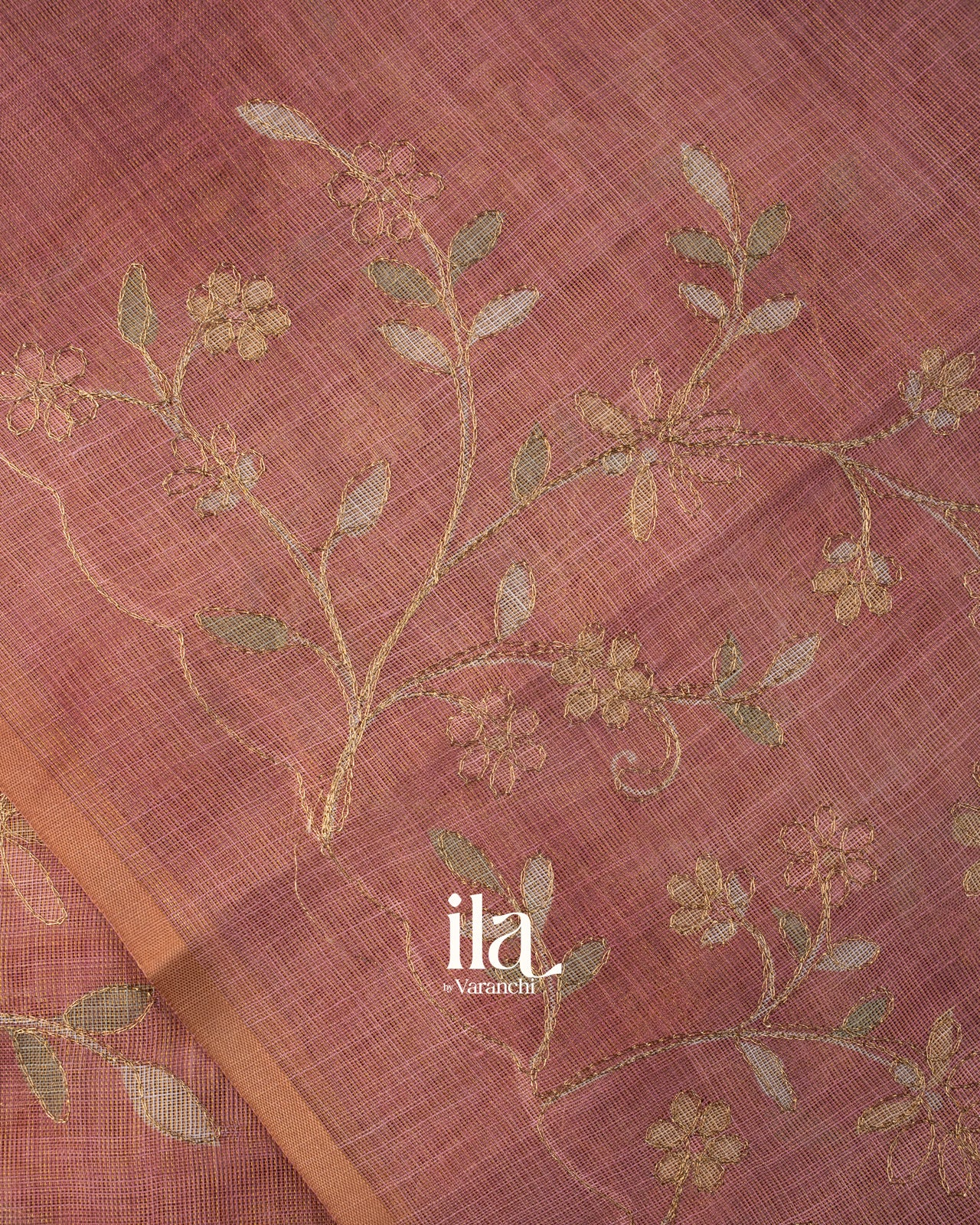 Rose Pink Floral Printed and Embroidered Semi Linen Saree