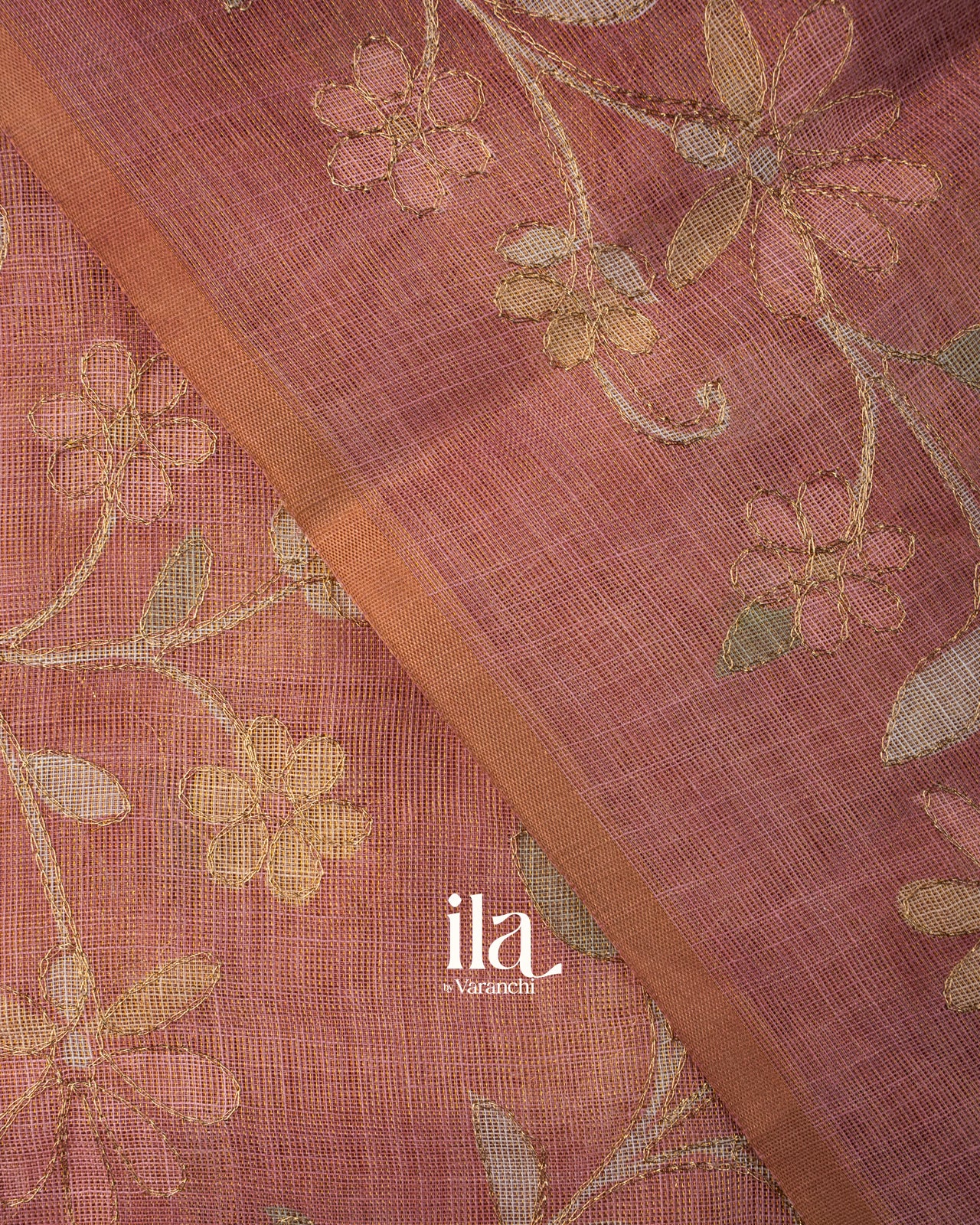Rose Pink Floral Printed and Embroidered Semi Linen Saree