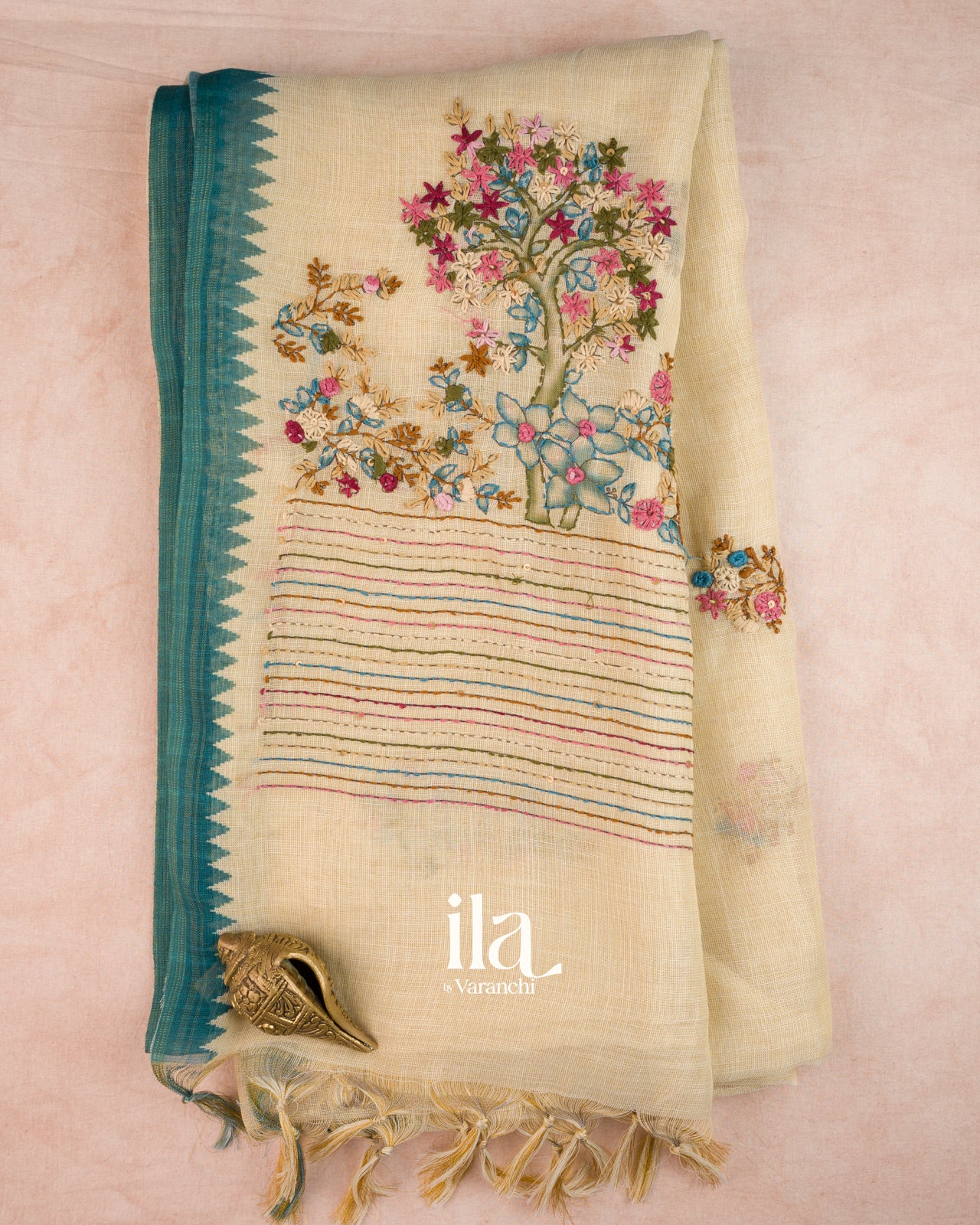 Cream Floral Embroidered Semi Linen Saree