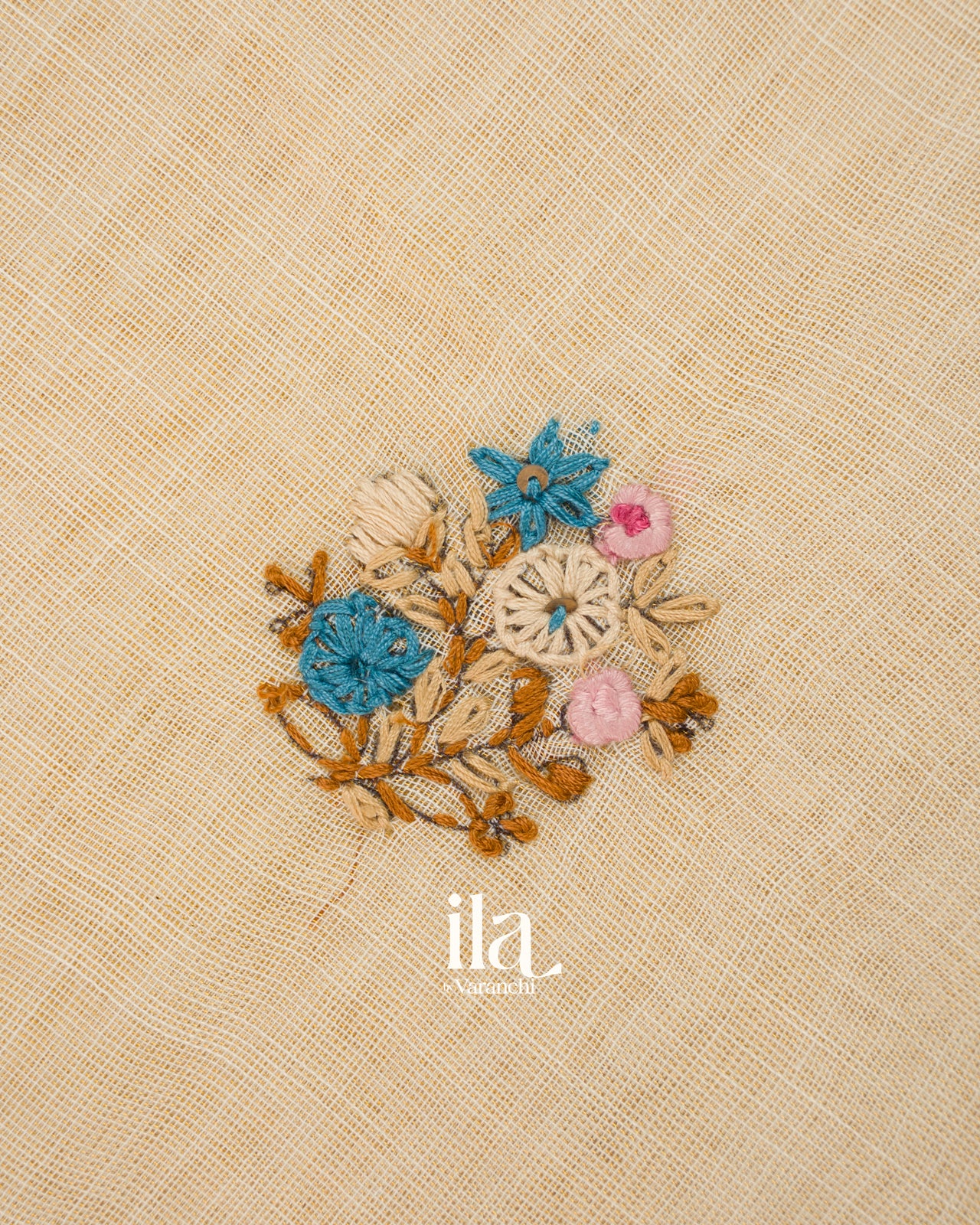 Cream Floral Embroidered Semi Linen Saree