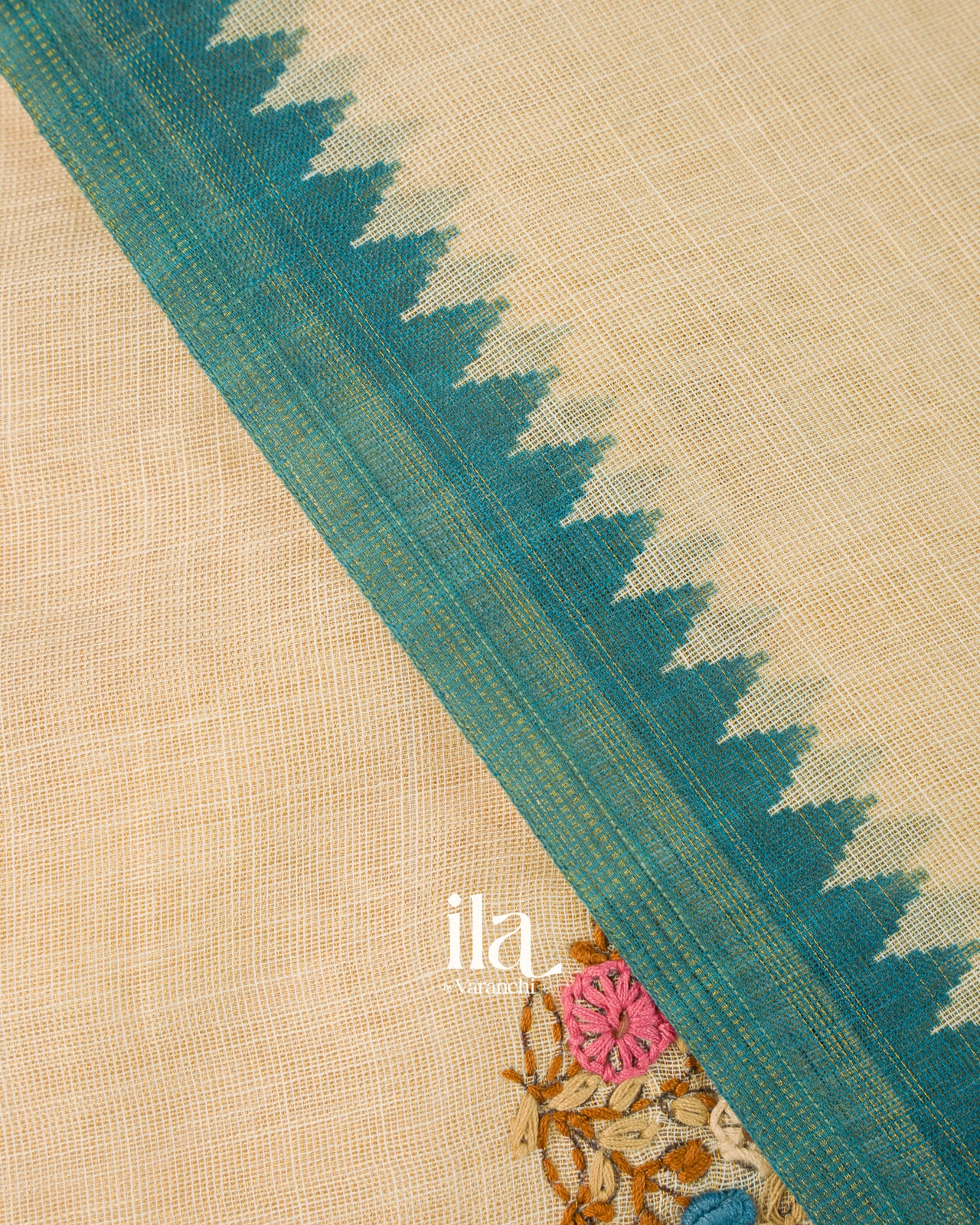 Cream Floral Embroidered Semi Linen Saree