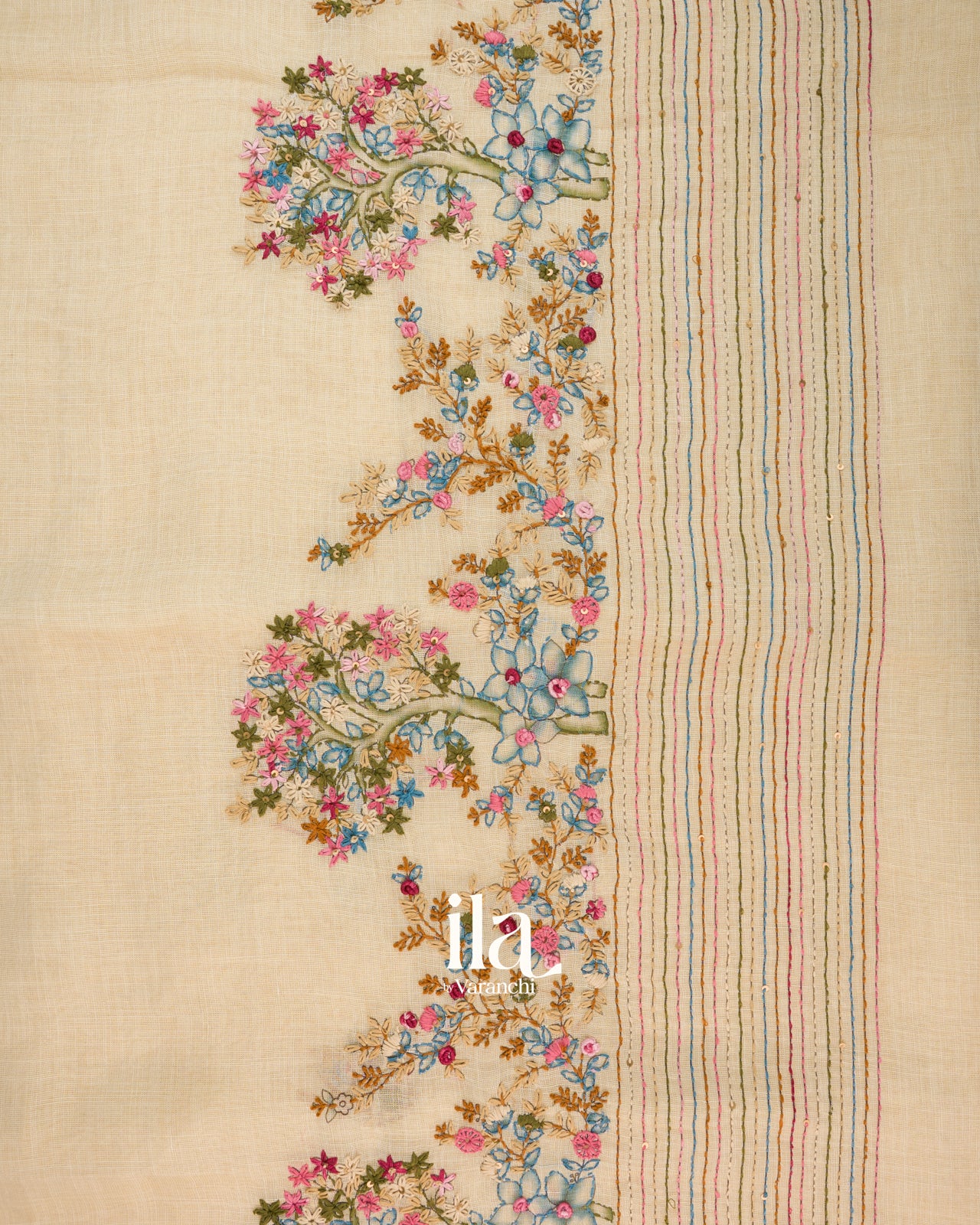 Cream Floral Embroidered Semi Linen Saree
