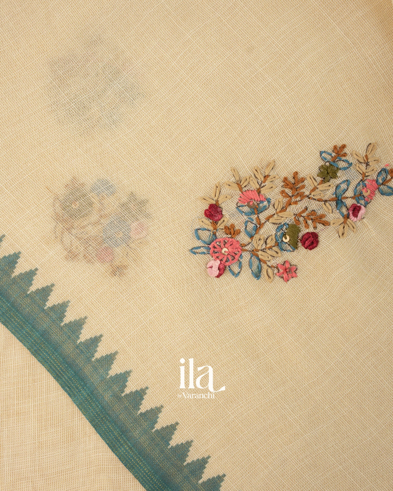 Cream Floral Embroidered Semi Linen Saree