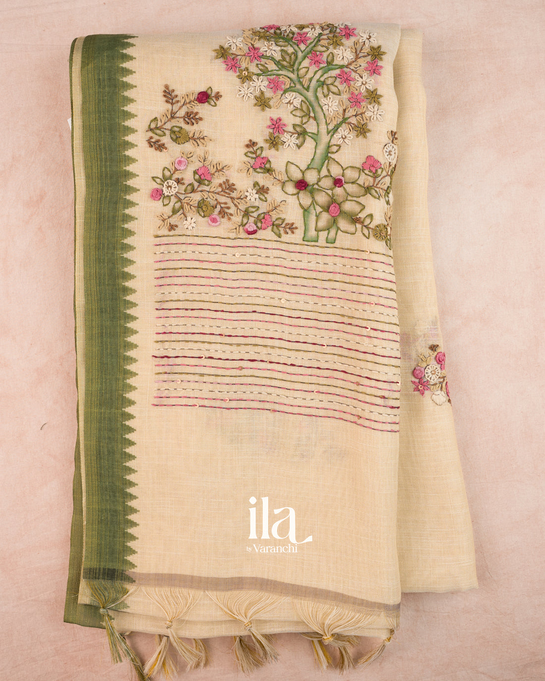 Cream Floral Embroidered Semi Linen Saree
