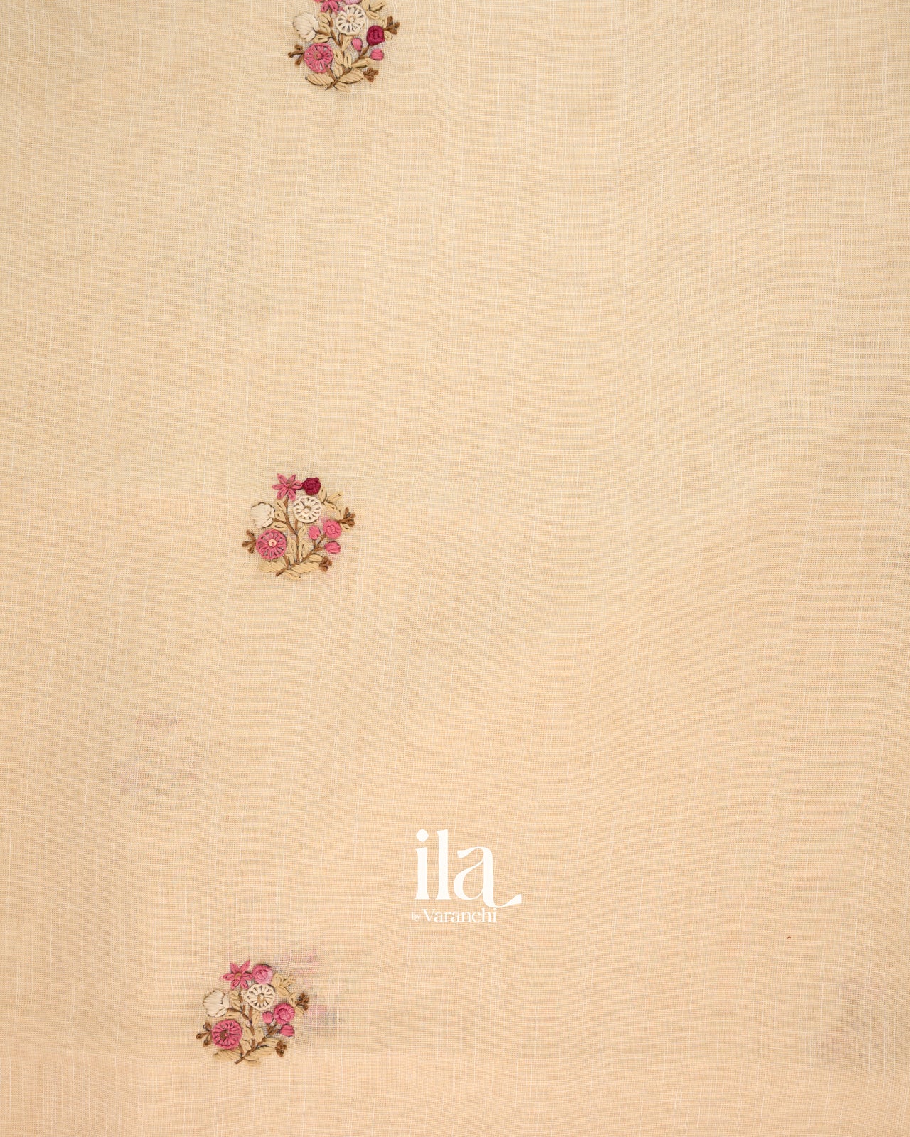 Cream Floral Embroidered Semi Linen Saree