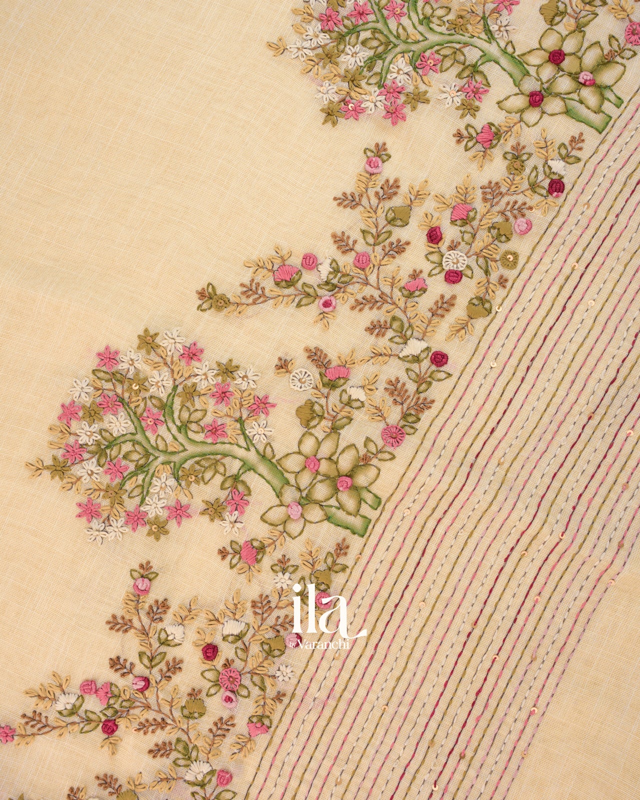 Cream Floral Embroidered Semi Linen Saree