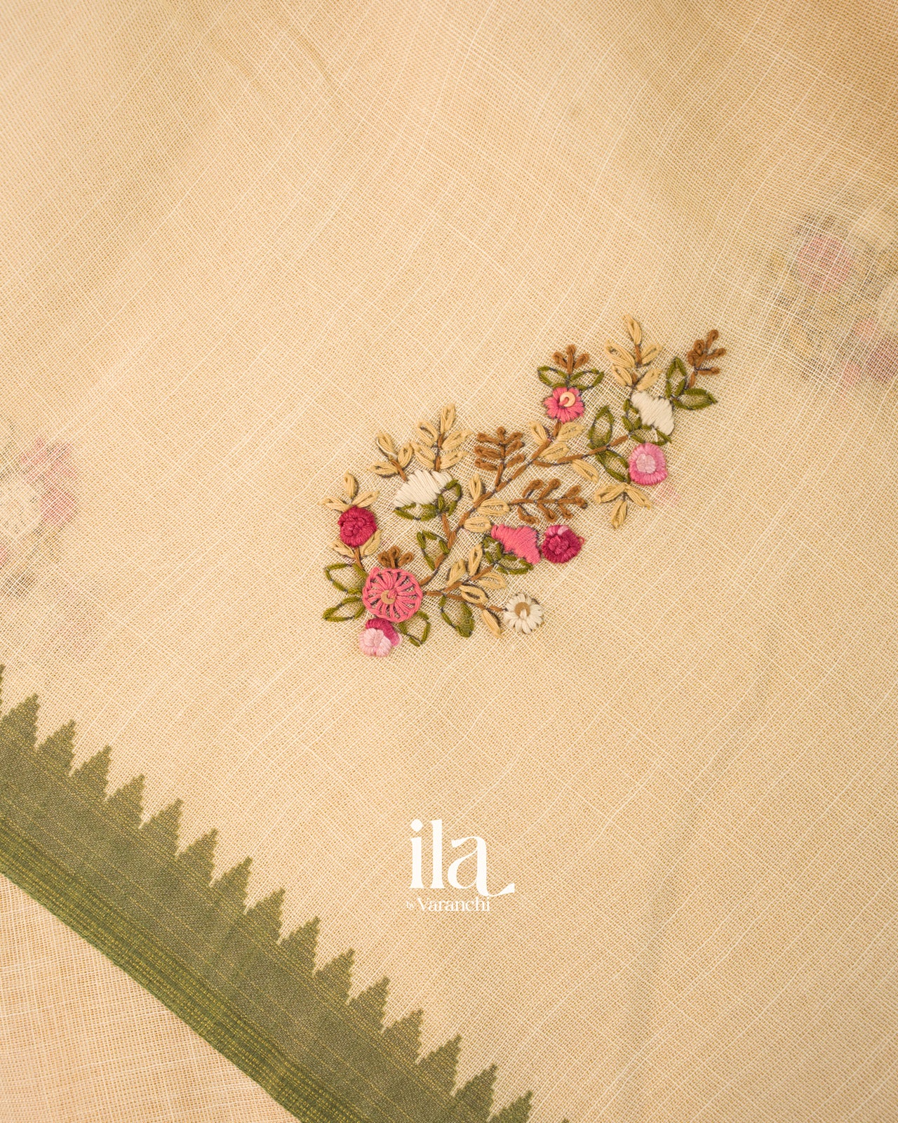 Cream Floral Embroidered Semi Linen Saree