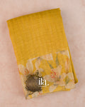 Mustard Yellow Floral Printed Semi Linen Saree