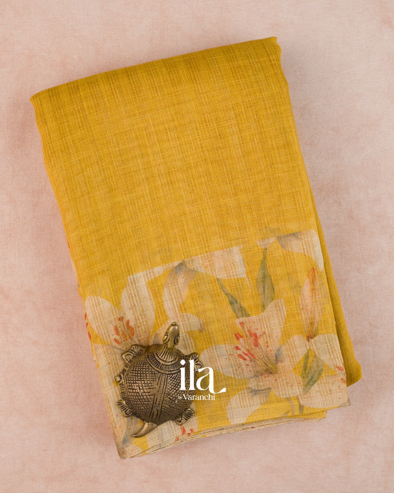 Mustard Yellow Floral Printed Semi Linen Saree