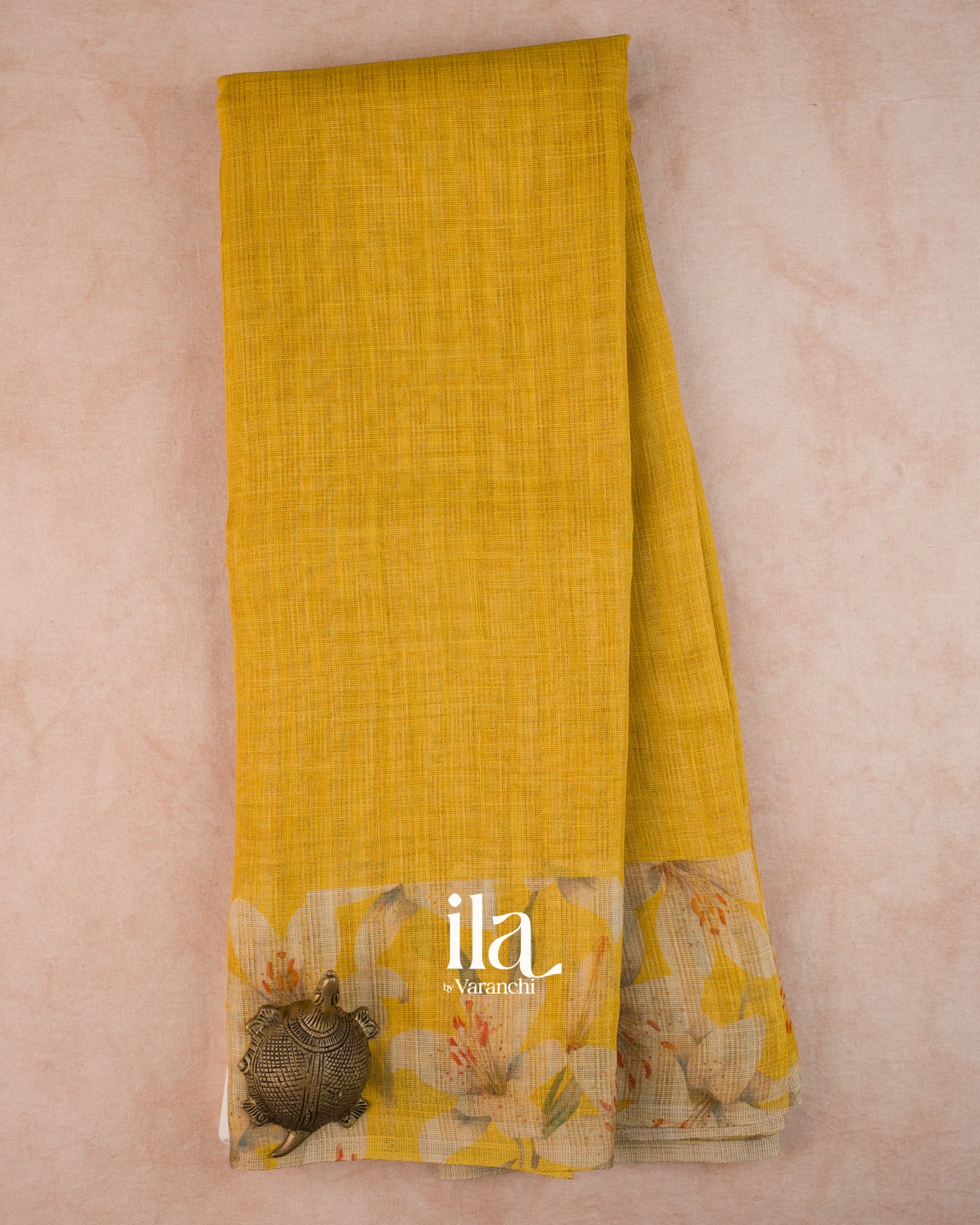 Mustard Yellow Floral Printed Semi Linen Saree