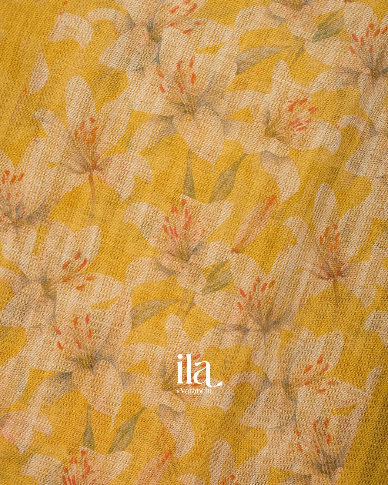 Mustard Yellow Floral Printed Semi Linen Saree