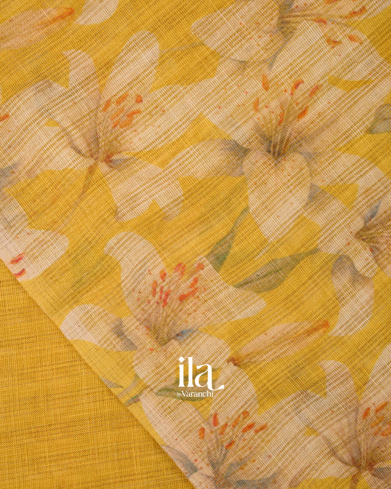 Mustard Yellow Floral Printed Semi Linen Saree