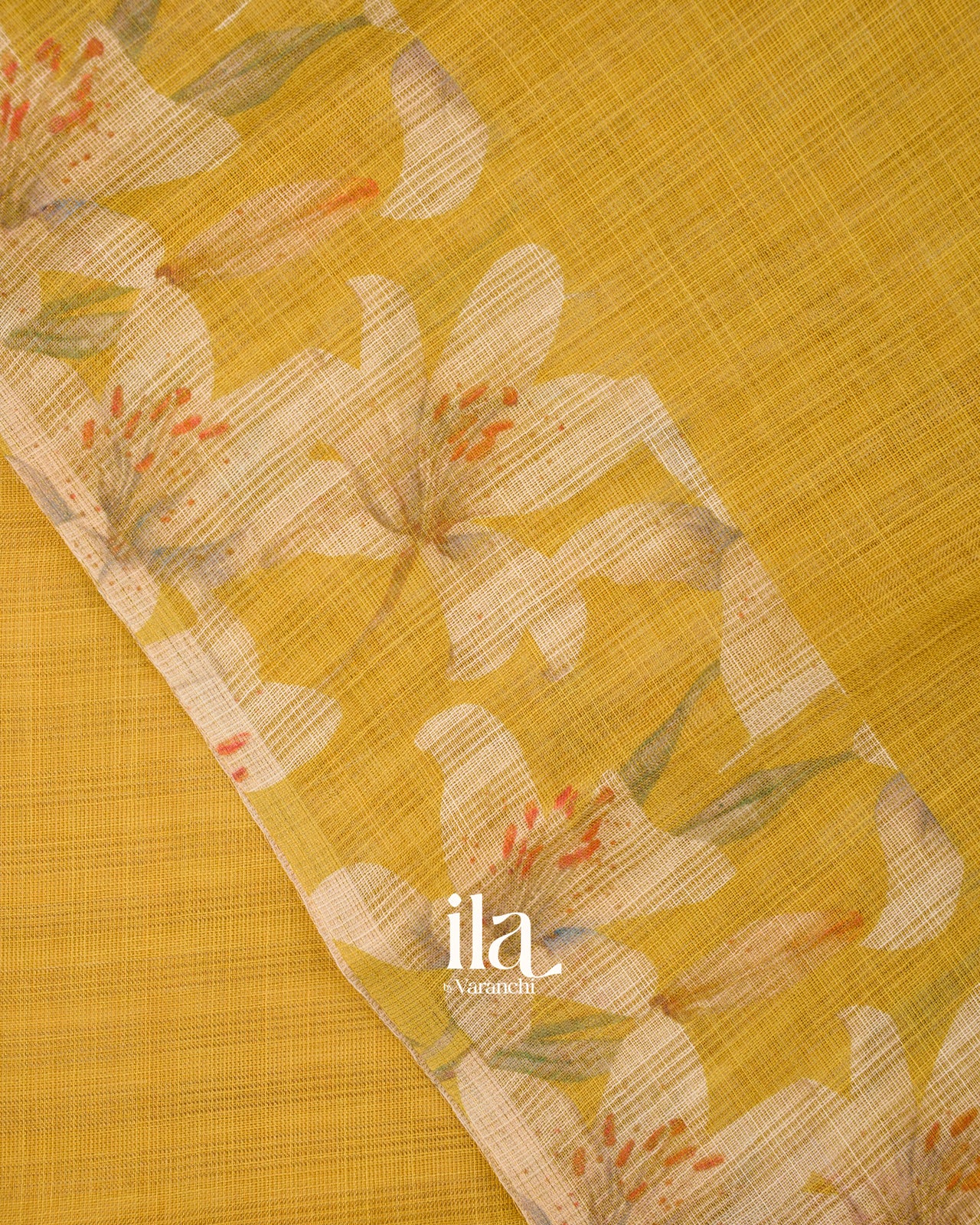 Mustard Yellow Floral Printed Semi Linen Saree