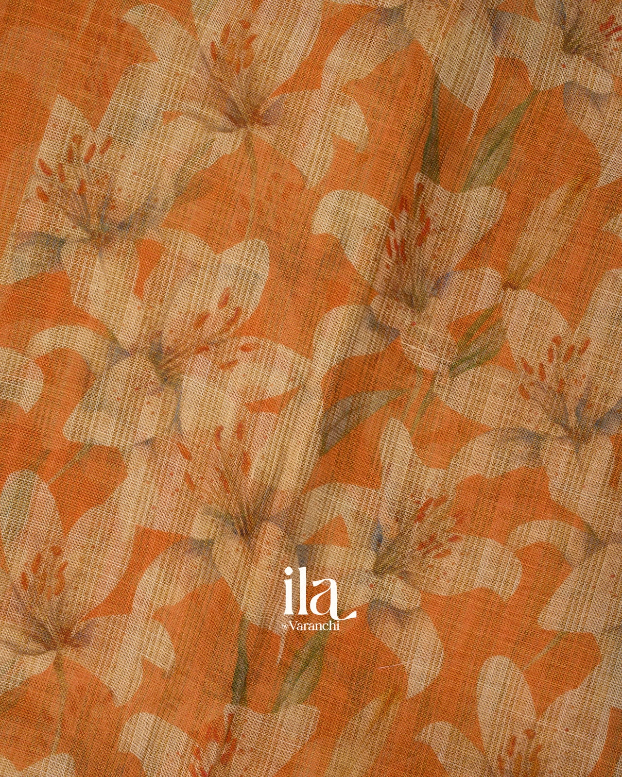 Rust Orange Floral Printed Semi Linen Saree