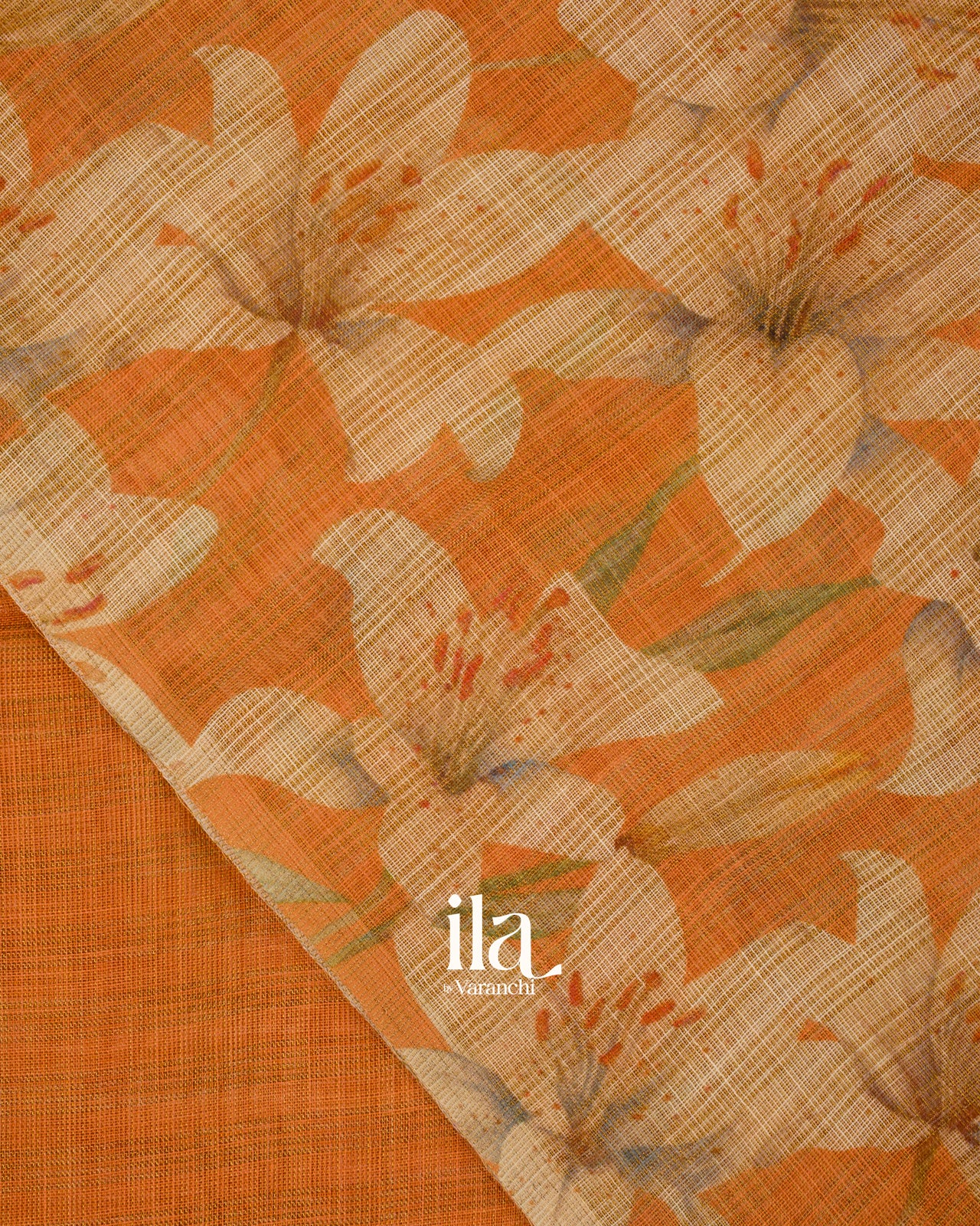 Rust Orange Floral Printed Semi Linen Saree