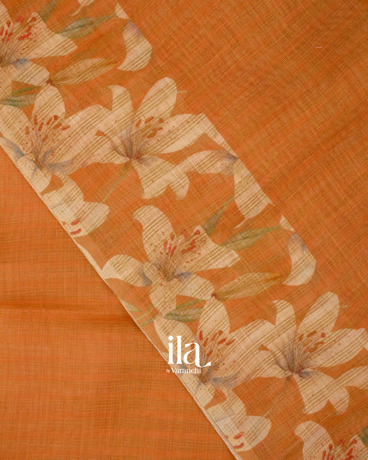 Rust Orange Floral Printed Semi Linen Saree