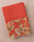 Rust Red Floral Printed Semi Linen Saree