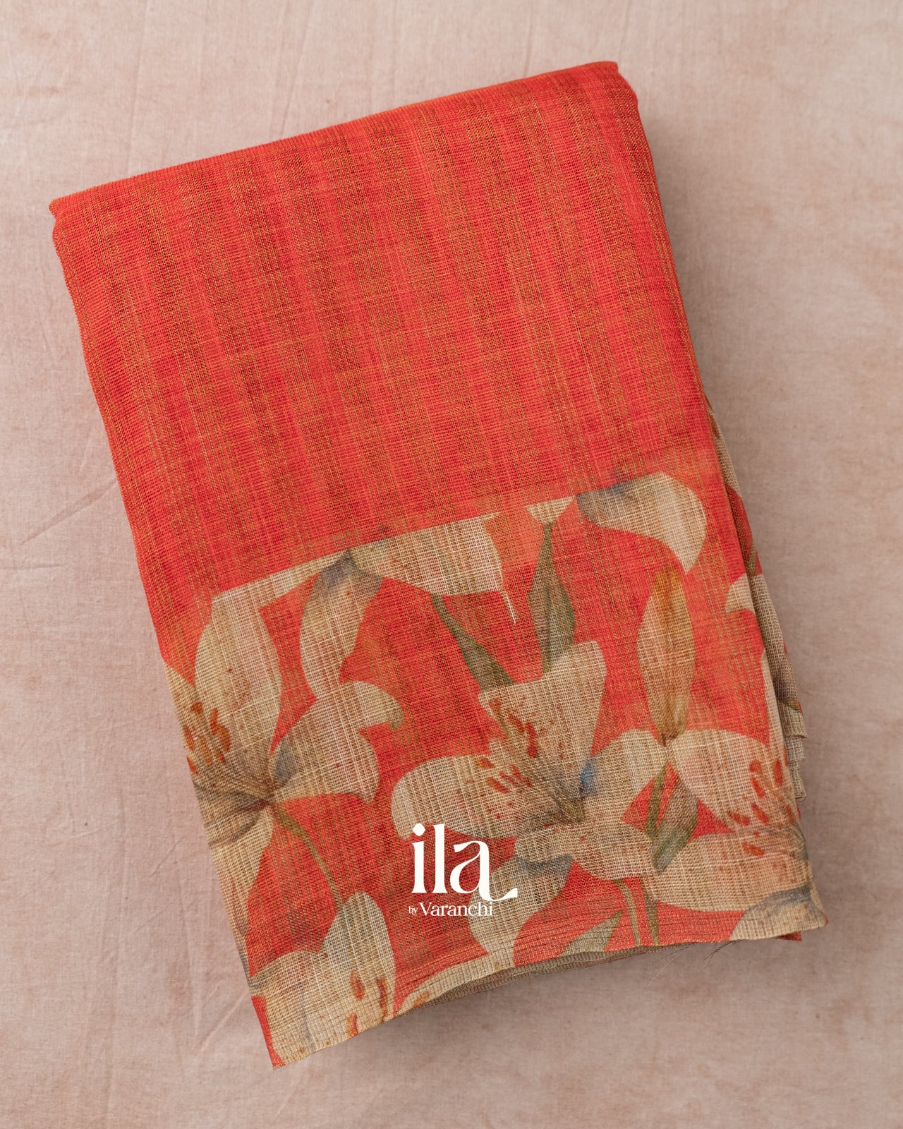 Rust Red Floral Printed Semi Linen Saree