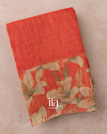 Rust Red Floral Printed Semi Linen Saree
