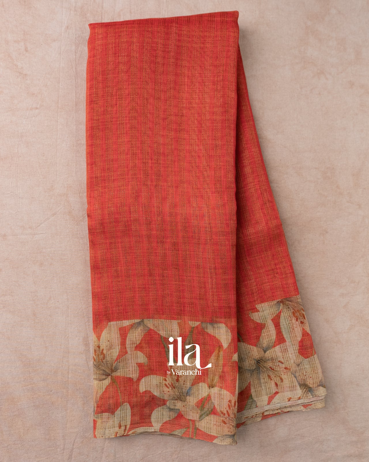 Rust Red Floral Printed Semi Linen Saree