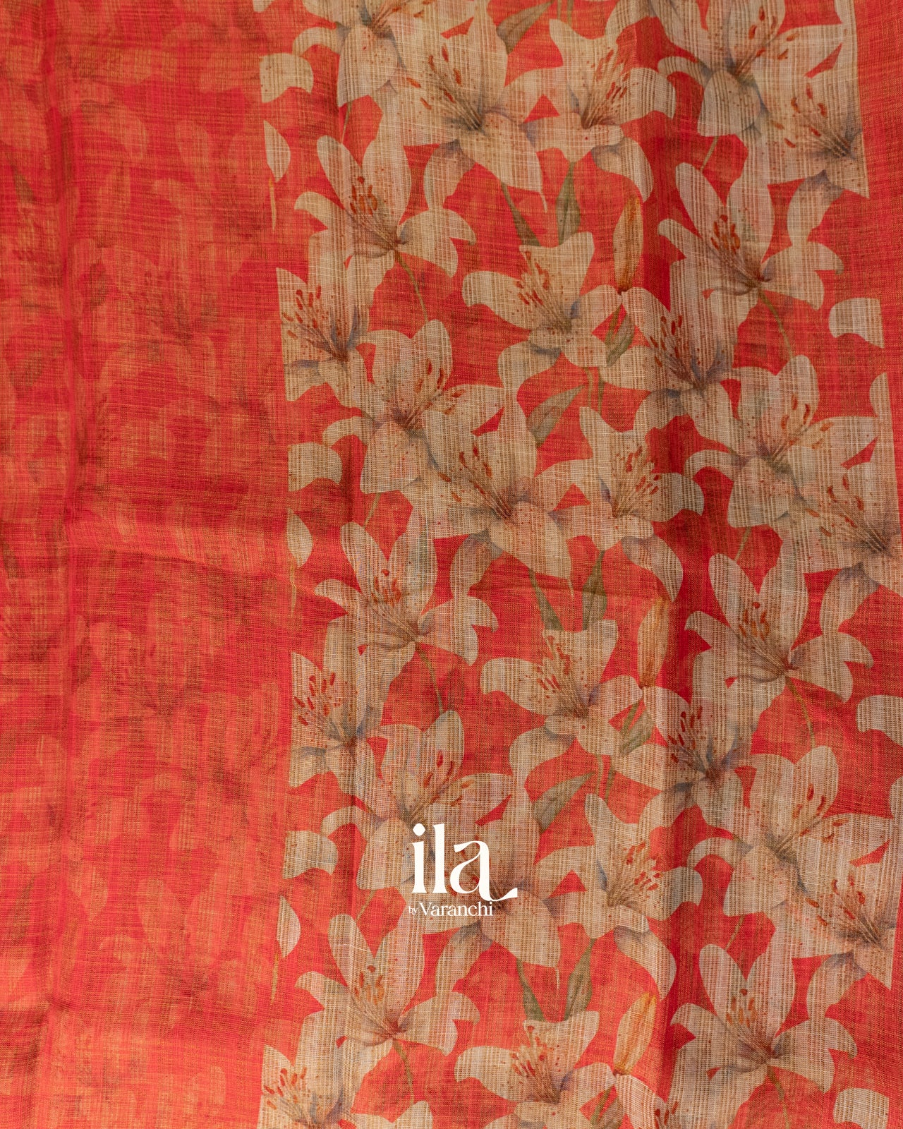 Rust Red Floral Printed Semi Linen Saree