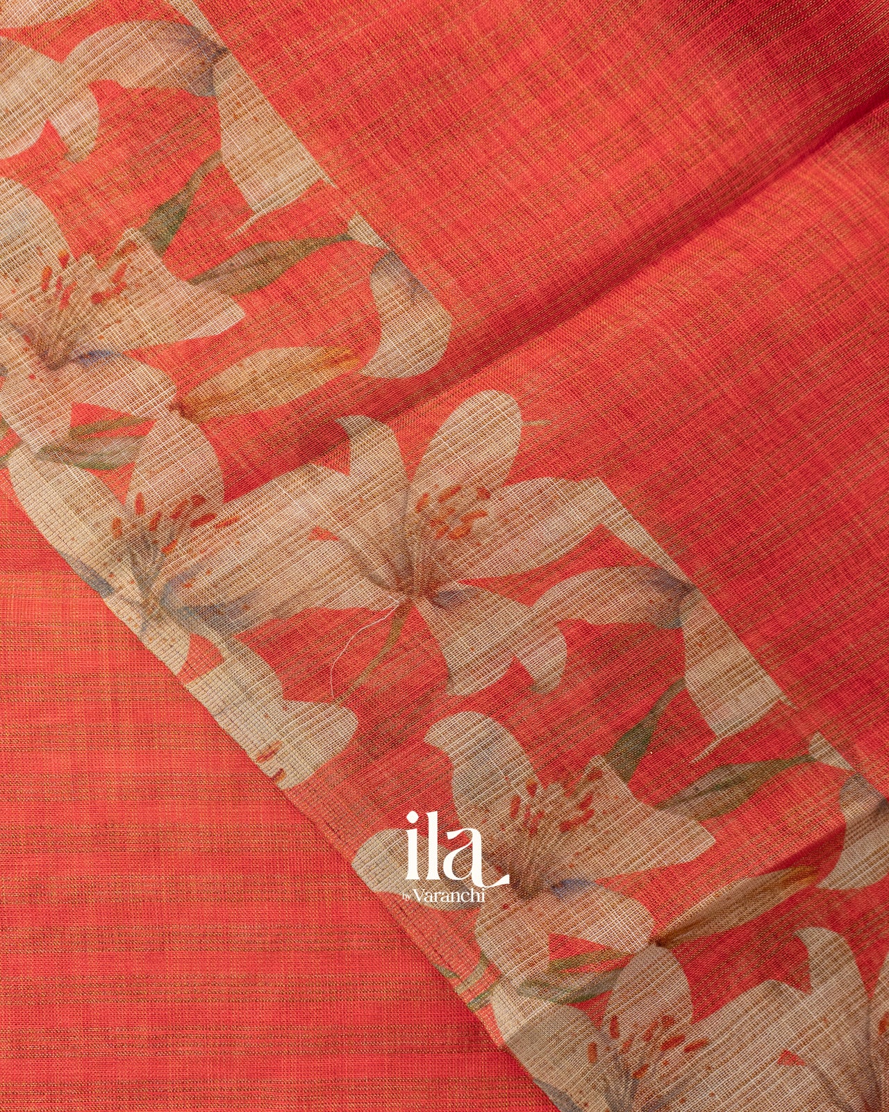 Rust Red Floral Printed Semi Linen Saree