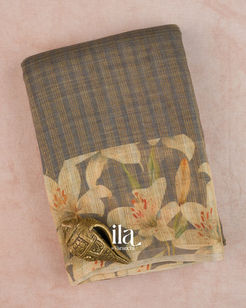 Grey Checkered Floral Printed Semi Linen Saree