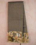 Grey Checkered Floral Printed Semi Linen Saree