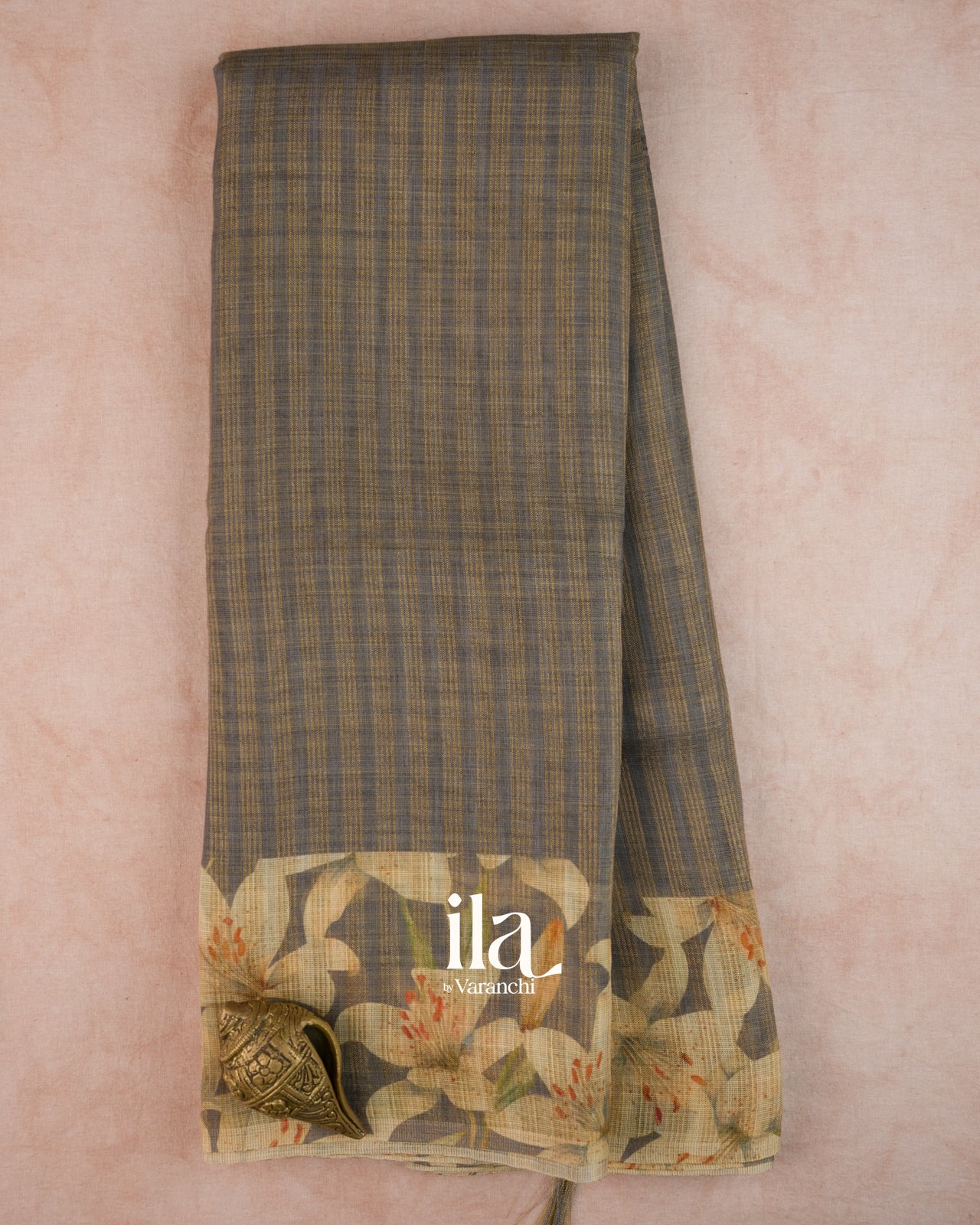 Grey Checkered Floral Printed Semi Linen Saree