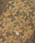 Grey Checkered Floral Printed Semi Linen Saree