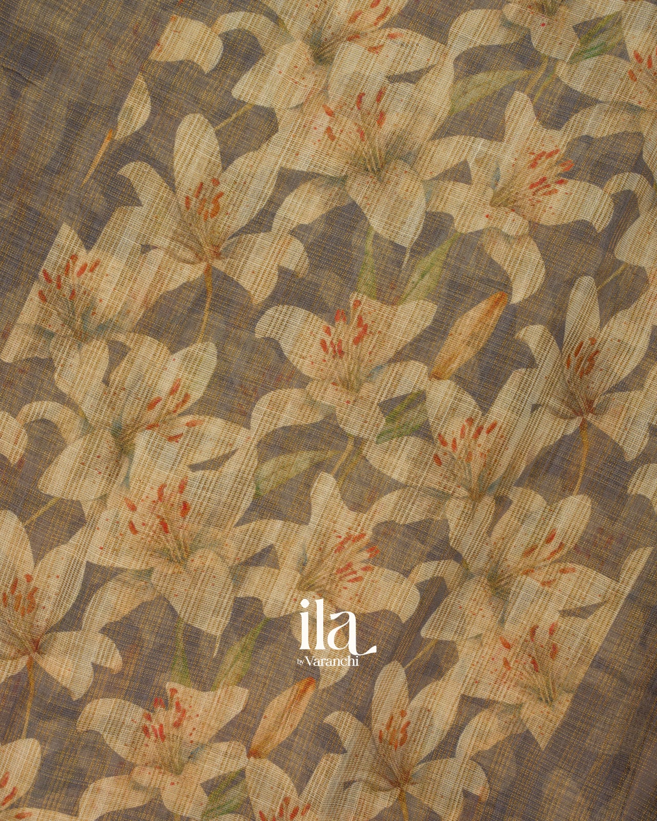 Grey Checkered Floral Printed Semi Linen Saree