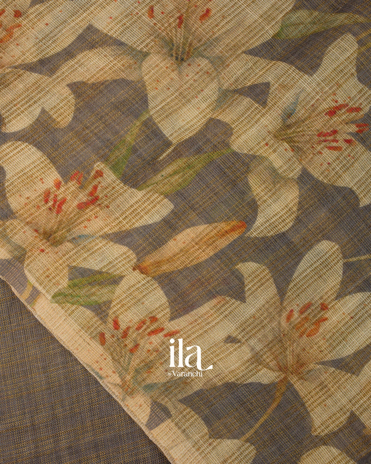 Grey Checkered Floral Printed Semi Linen Saree