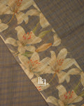 Grey Checkered Floral Printed Semi Linen Saree