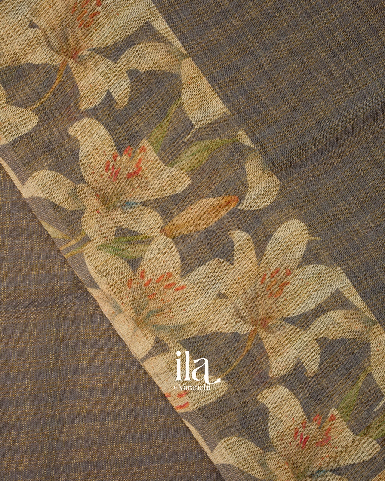 Grey Checkered Floral Printed Semi Linen Saree