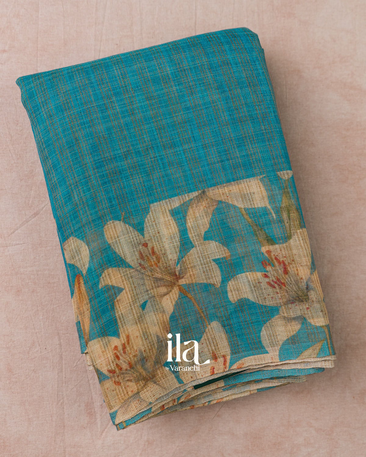 Teal Blue Striped Floral Printed Semi Linen Saree